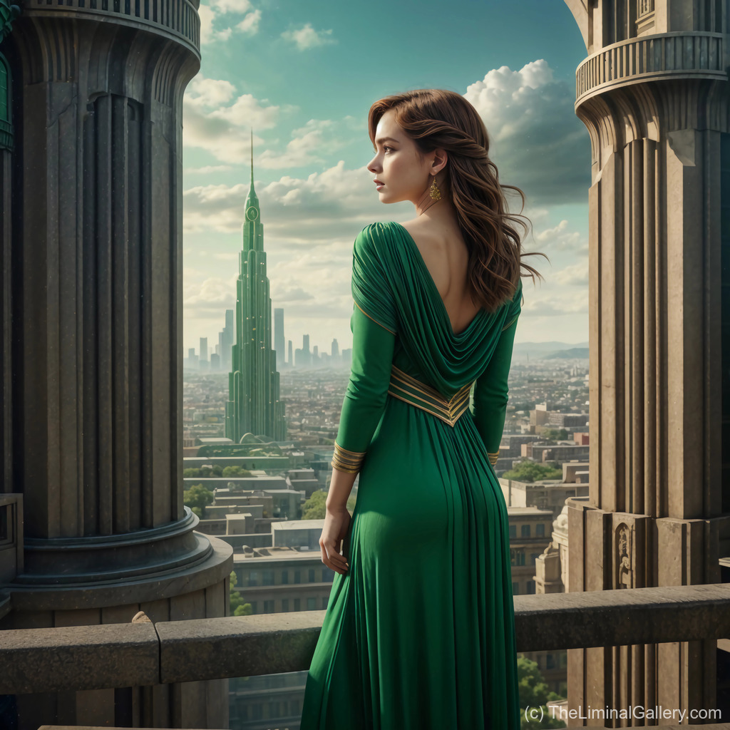 A commanding art deco figure silhouetted against a gleaming city skyline, embodying elegance, mystique, and the grandeur of architectural design.